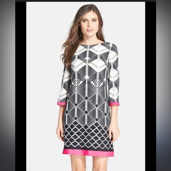 Eliza J Geometric Print Dress with Pink Accents 3/4 Sleeves size 10 - Picture 1 of 7